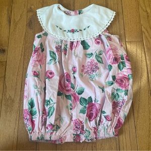 VINTAGE HARTSTRINGS PINK ROSE GRAPHIC PRINT BIB COLLARED ROMPER OUTFIT SIZE 2T